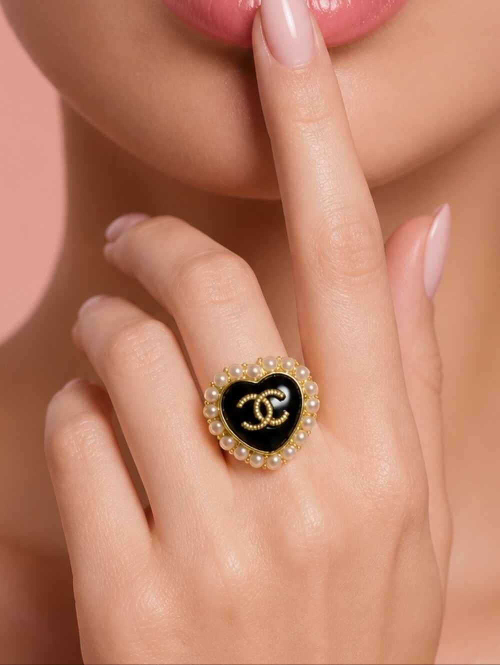 Adjustable Black Enamel Heart Ring with Pearl Trim and Gold CC Logo